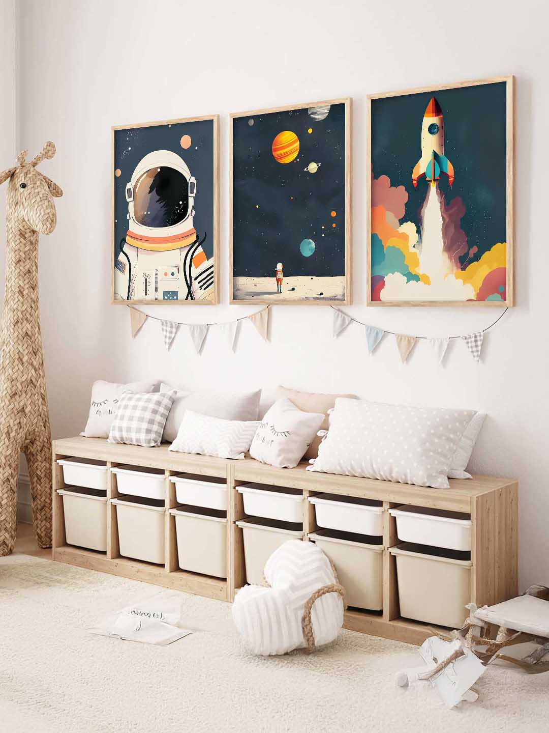 Retro Space Astronaut Planet Rocket  Educational Wall Art Paintings for Living Room Bedroom