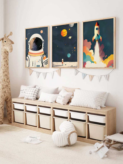 Retro Space Astronaut Planet Rocket  Educational Wall Art Paintings for Living Room Bedroom