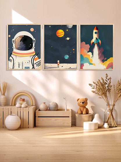 Retro Space Astronaut Planet Rocket  Educational Wall Art Paintings for Living Room Bedroom
