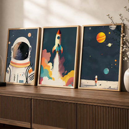 Retro Space Astronaut Planet Rocket  Educational Wall Art Paintings for Living Room Bedroom