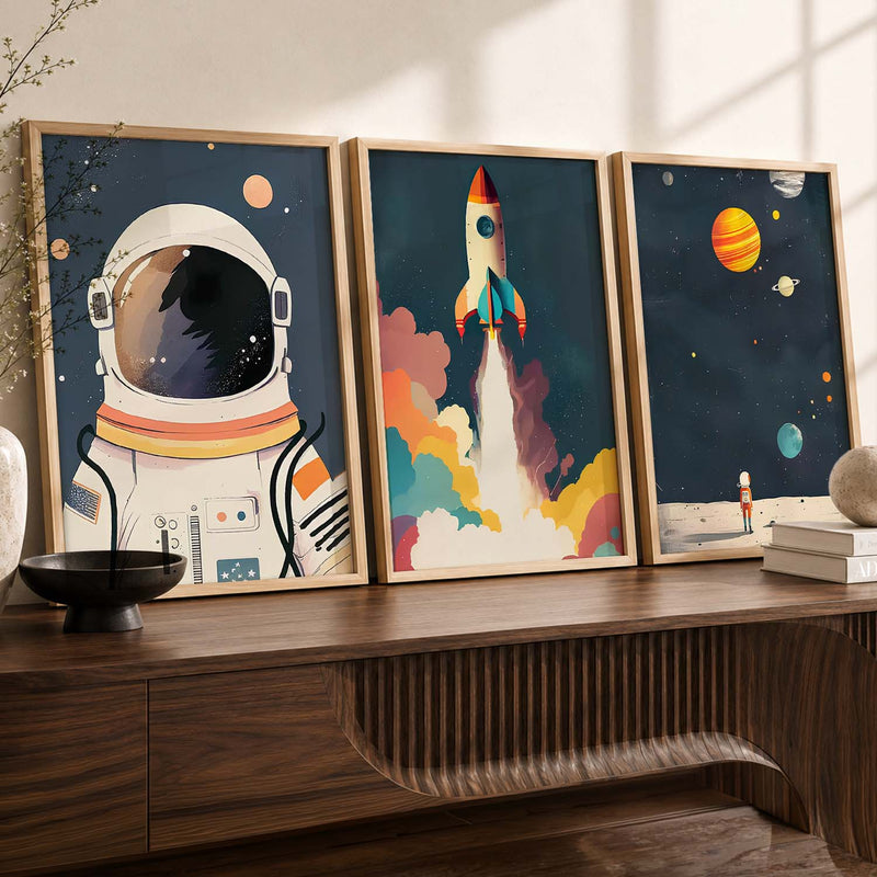 Retro Space Astronaut Planet Rocket  Educational Wall Art Paintings for Living Room Bedroom