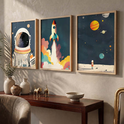 Retro Space Astronaut Planet Rocket  Educational Wall Art Paintings for Living Room Bedroom