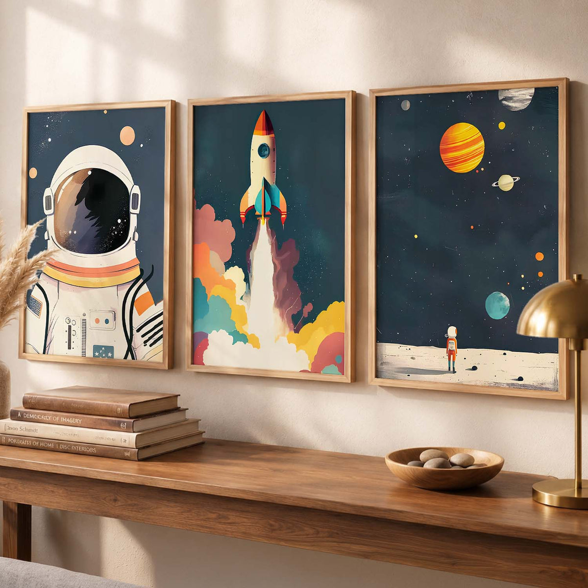 Retro Space Astronaut Planet Rocket  Educational Wall Art Paintings for Living Room Bedroom