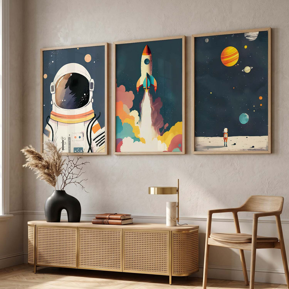 Retro Space Astronaut Planet Rocket  Educational Wall Art Paintings for Living Room Bedroom