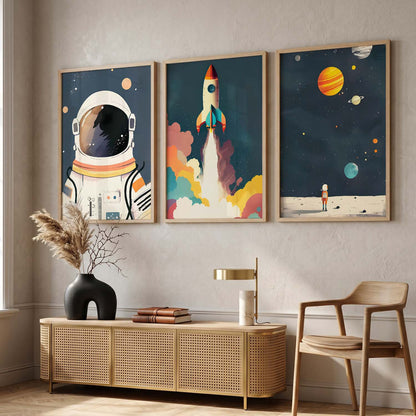 Retro Space Astronaut Planet Rocket  Educational Wall Art Paintings for Living Room Bedroom
