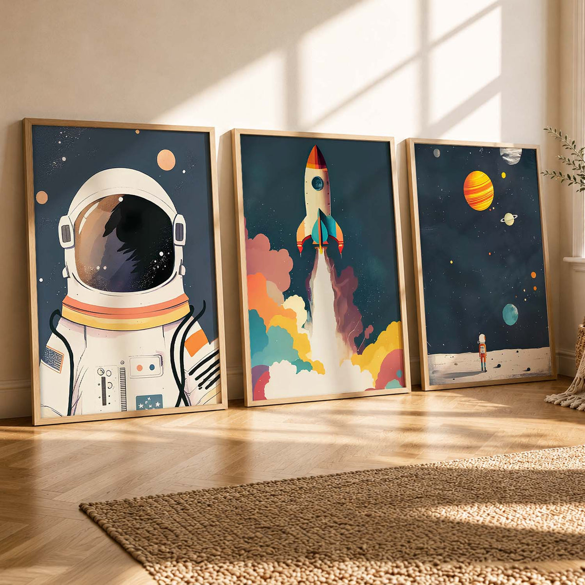 Retro Space Astronaut Planet Rocket  Educational Wall Art Paintings for Living Room Bedroom