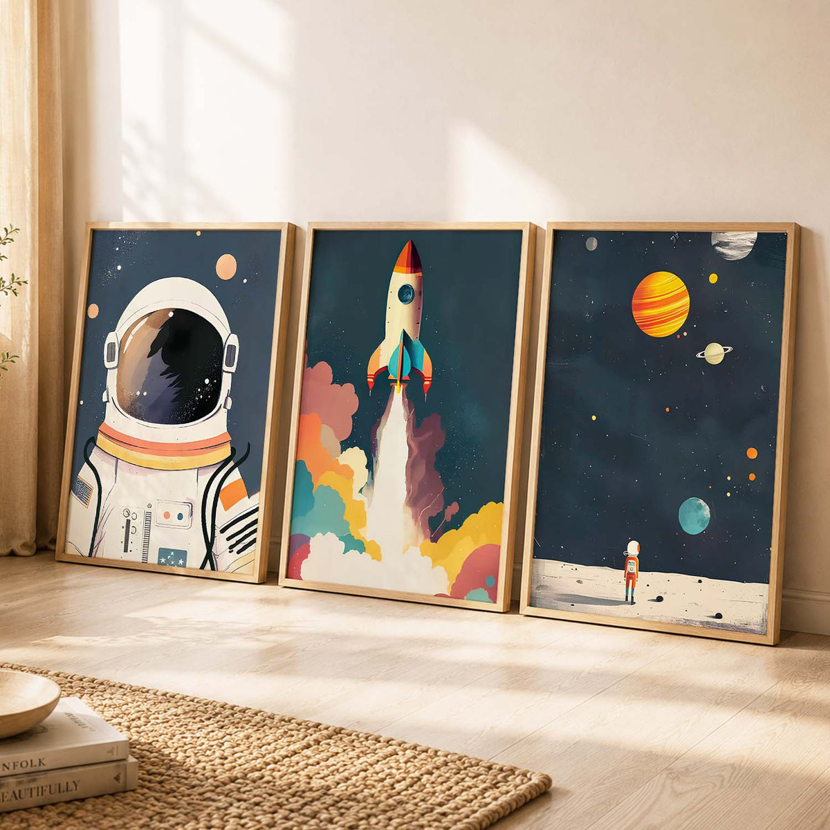 Retro Space Astronaut Planet Rocket  Educational Wall Art Paintings for Living Room Bedroom