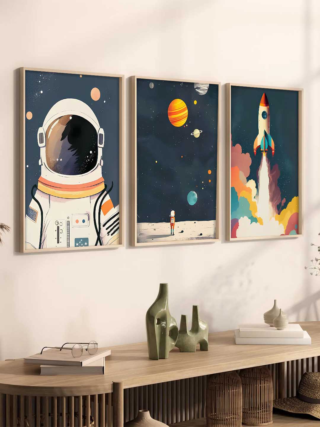 Retro Space Astronaut Planet Rocket  Educational Wall Art Paintings for Living Room Bedroom