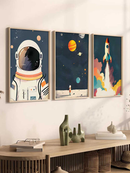 Retro Space Astronaut Planet Rocket  Educational Wall Art Paintings for Living Room Bedroom