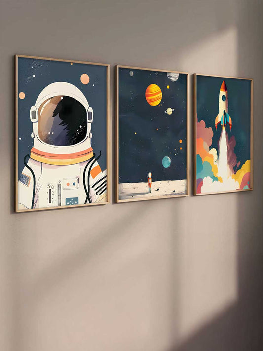 Retro Space Astronaut Planet Rocket  Educational Wall Art Paintings for Living Room Bedroom