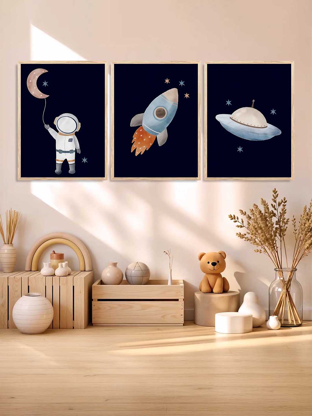 Retro Space Astronaut Spaceship Rocket  Educational Wall Art Paintings for Living Room Bedroom