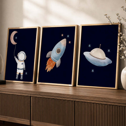 Retro Space Astronaut Spaceship Rocket  Educational Wall Art Paintings for Living Room Bedroom