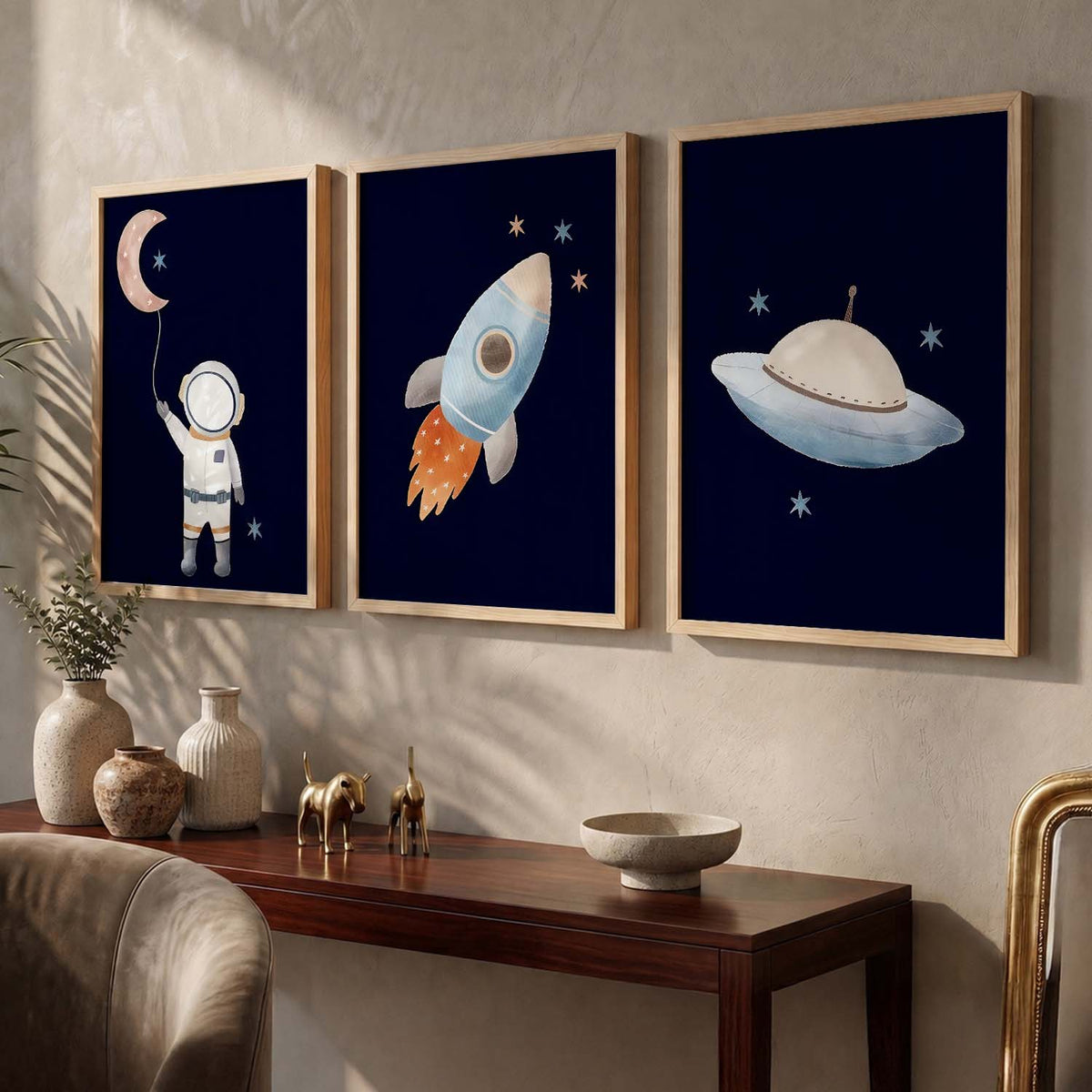 Retro Space Astronaut Spaceship Rocket  Educational Wall Art Paintings for Living Room Bedroom