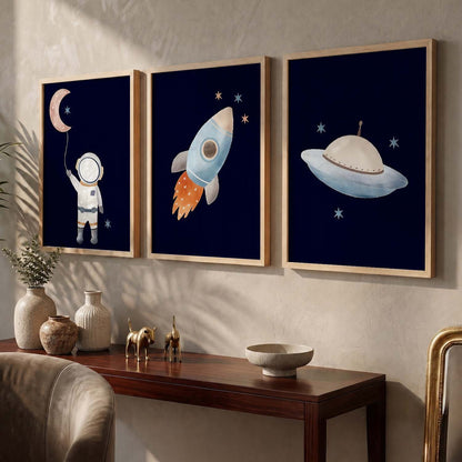 Retro Space Astronaut Spaceship Rocket  Educational Wall Art Paintings for Living Room Bedroom