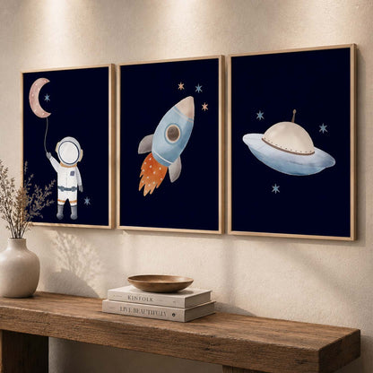 Retro Space Astronaut Spaceship Rocket  Educational Wall Art Paintings for Living Room Bedroom