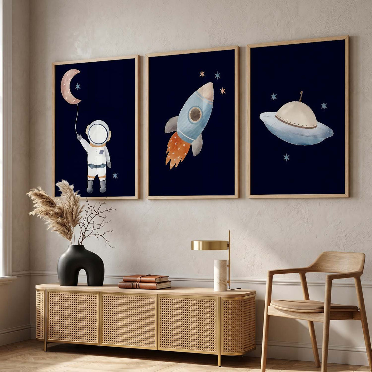 Retro Space Astronaut Spaceship Rocket  Educational Wall Art Paintings for Living Room Bedroom