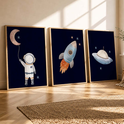Retro Space Astronaut Spaceship Rocket  Educational Wall Art Paintings for Living Room Bedroom