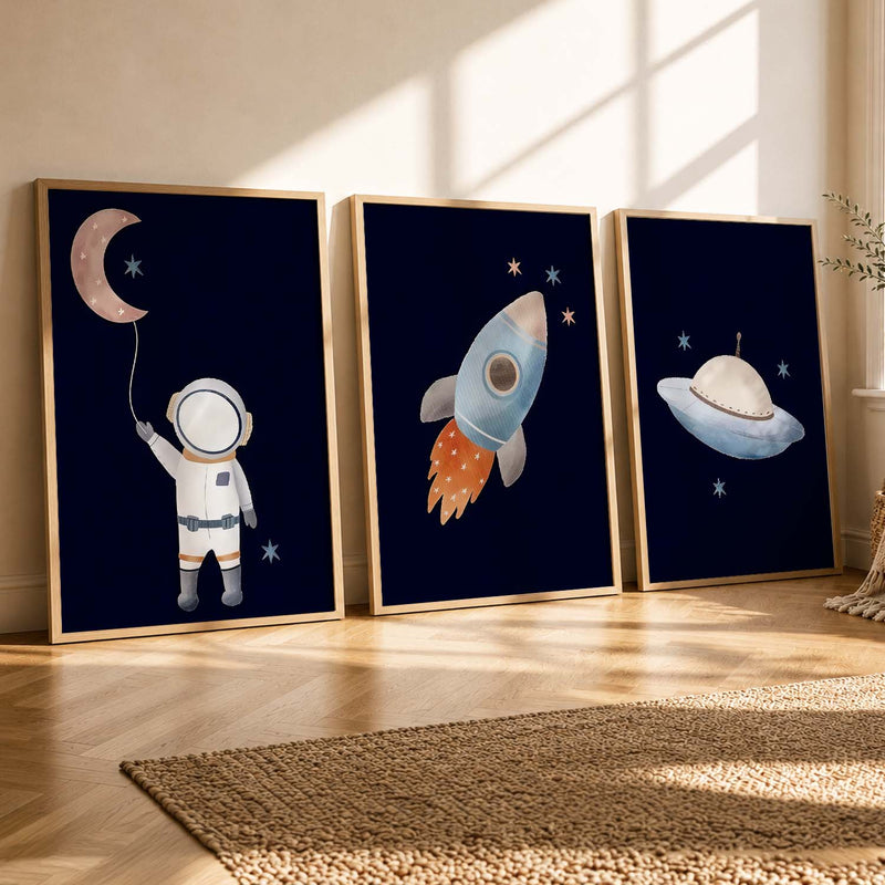 Retro Space Astronaut Spaceship Rocket  Educational Wall Art Paintings for Living Room Bedroom