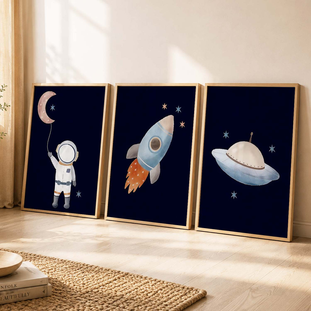Retro Space Astronaut Spaceship Rocket  Educational Wall Art Paintings for Living Room Bedroom