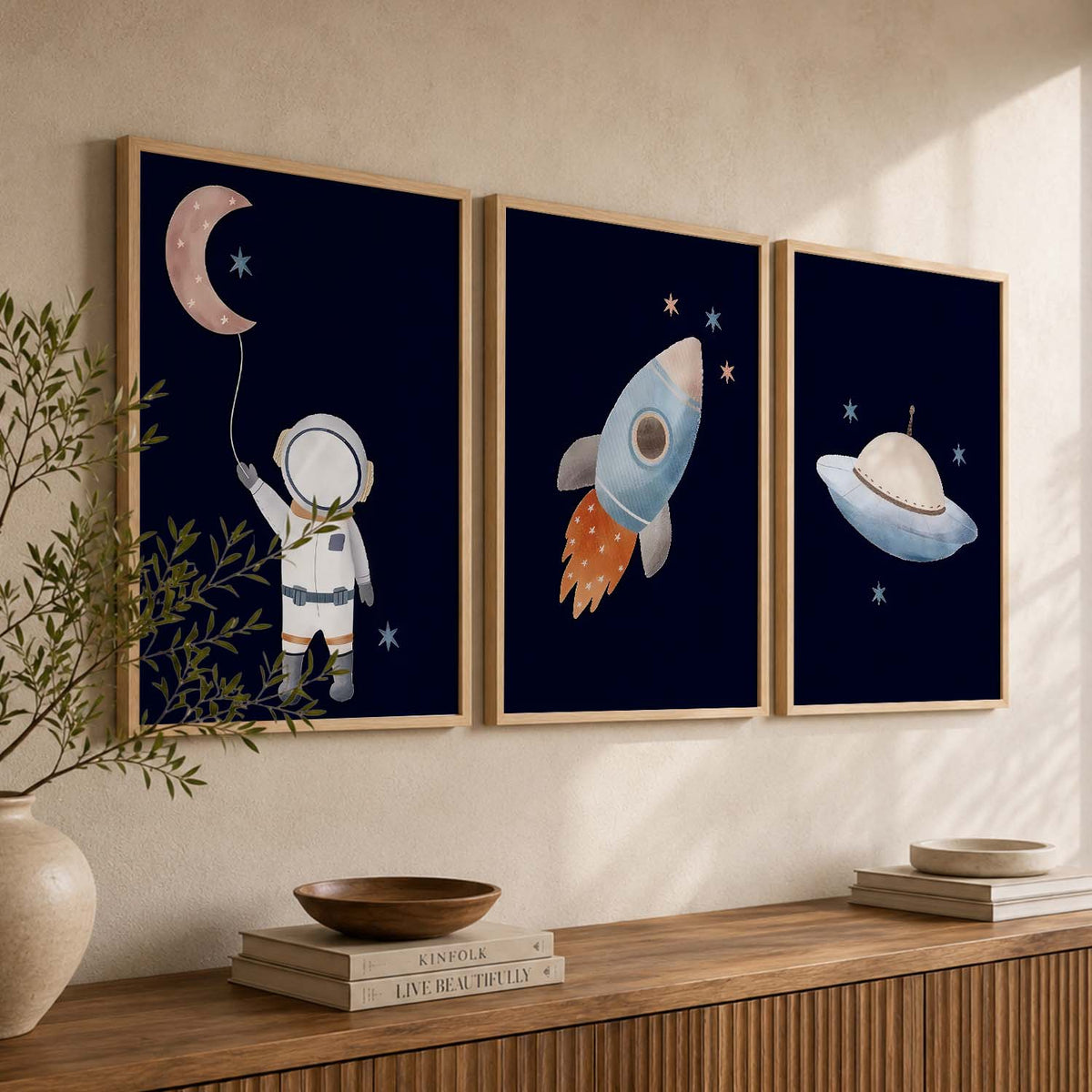 Retro Space Astronaut Spaceship Rocket  Educational Wall Art Paintings for Living Room Bedroom