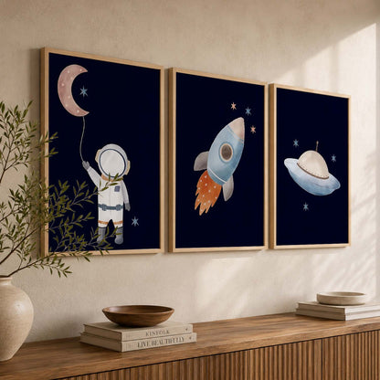 Retro Space Astronaut Spaceship Rocket  Educational Wall Art Paintings for Living Room Bedroom