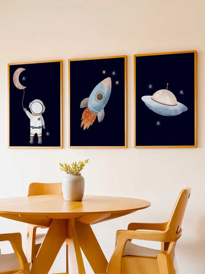 Retro Space Astronaut Spaceship Rocket  Educational Wall Art Paintings for Living Room Bedroom