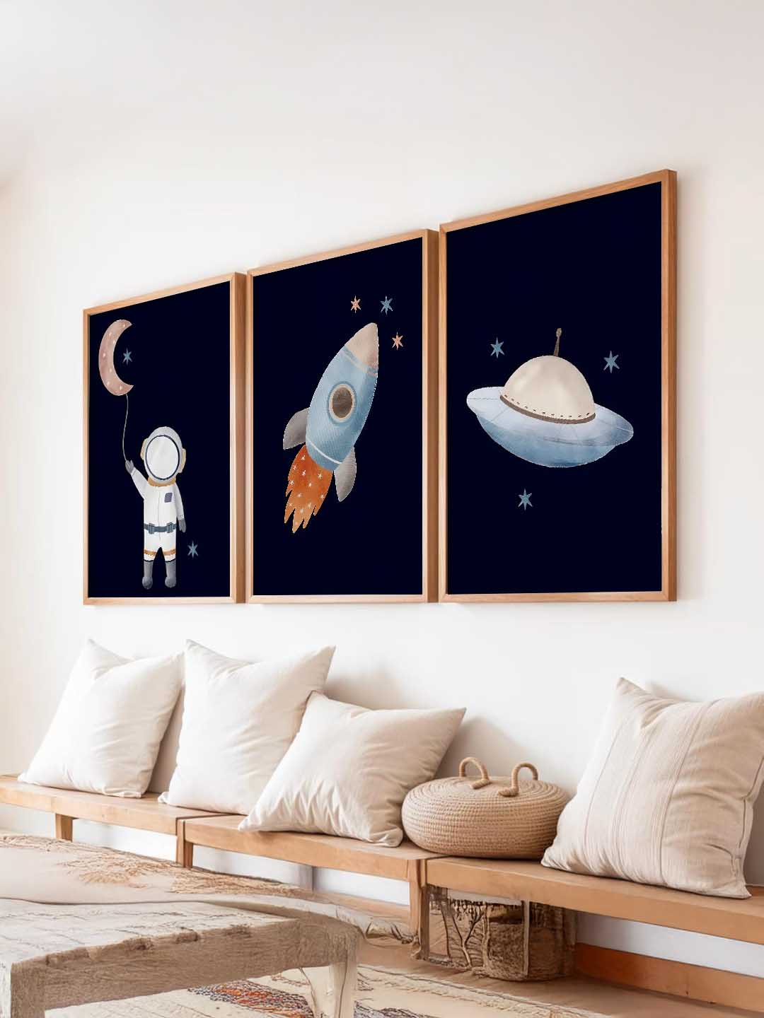 Retro Space Astronaut Spaceship Rocket  Educational Wall Art Paintings for Living Room Bedroom