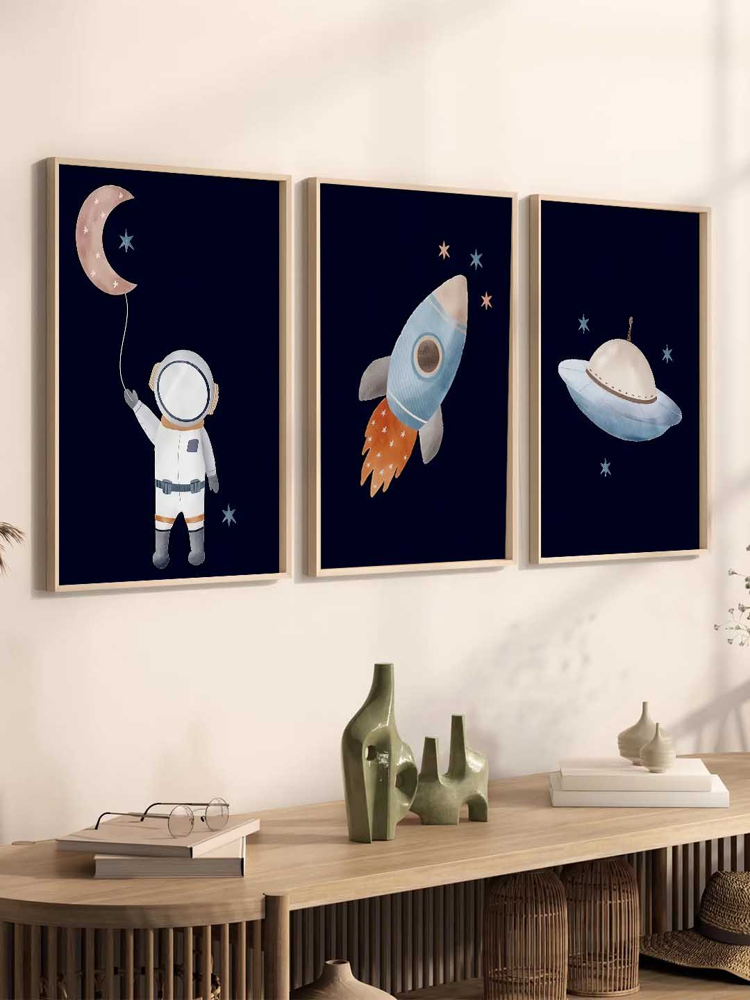 Retro Space Astronaut Spaceship Rocket  Educational Wall Art Paintings for Living Room Bedroom
