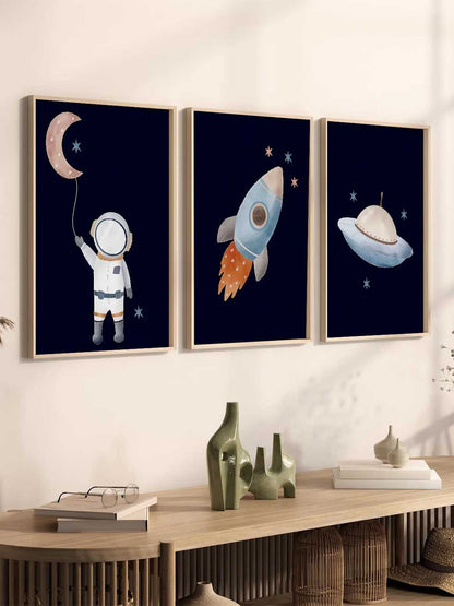 Retro Space Astronaut Spaceship Rocket  Educational Wall Art Paintings for Living Room Bedroom