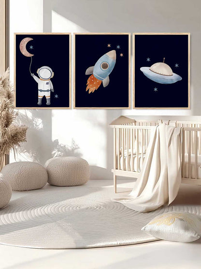 Retro Space Astronaut Spaceship Rocket  Educational Wall Art Paintings for Living Room Bedroom