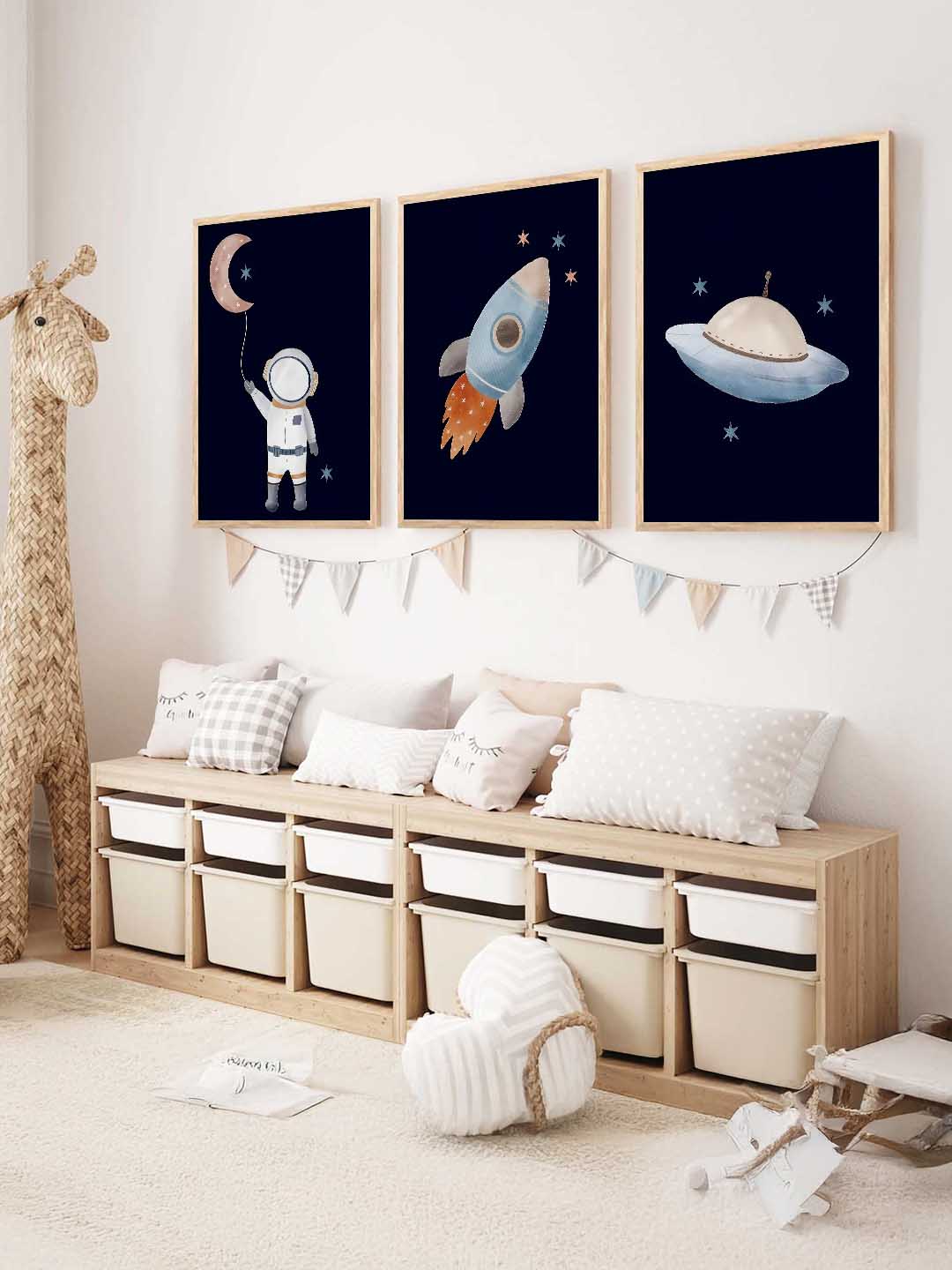 Retro Space Astronaut Spaceship Rocket  Educational Wall Art Paintings for Living Room Bedroom