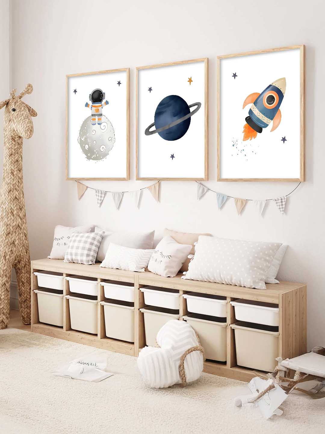 Retro Space Astronaut Planet Rocket Wall Art Paintings for Living Room Bedroom