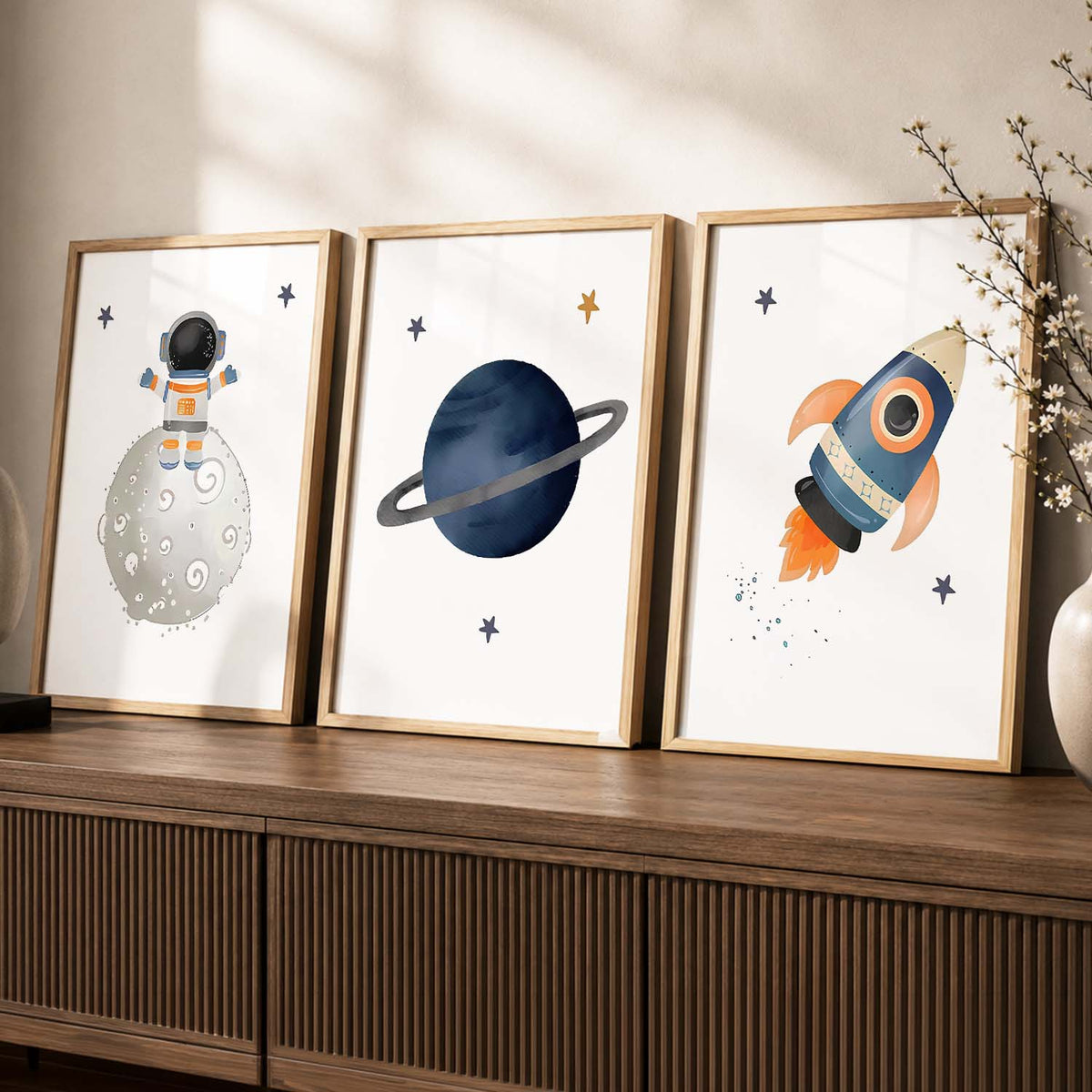 Retro Space Astronaut Planet Rocket Wall Art Paintings for Living Room Bedroom