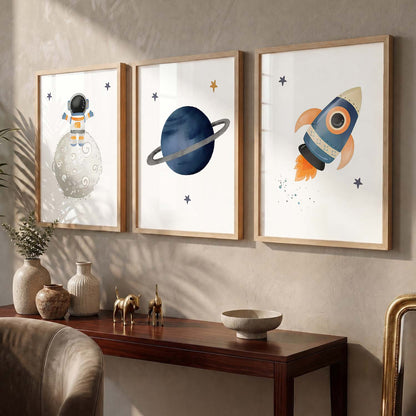 Retro Space Astronaut Planet Rocket Wall Art Paintings for Living Room Bedroom