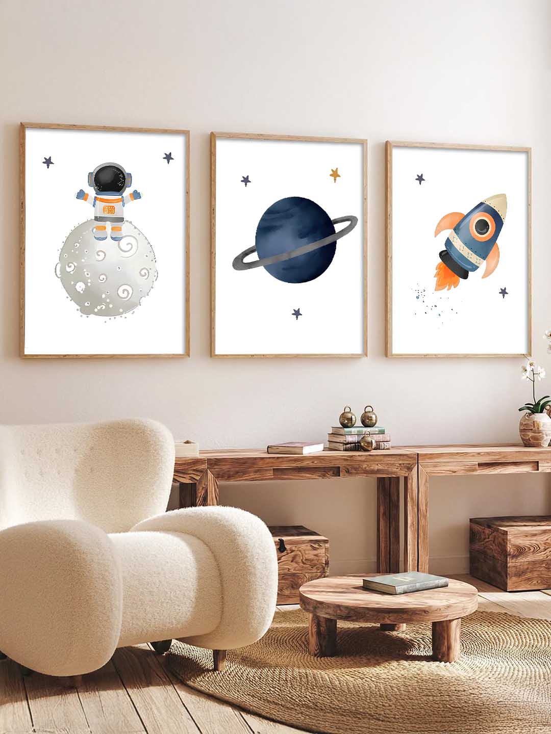 Retro Space Astronaut Planet Rocket Wall Art Paintings for Living Room Bedroom
