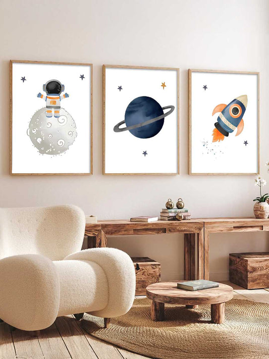 Retro Space Astronaut Planet Rocket Wall Art Paintings for Living Room Bedroom