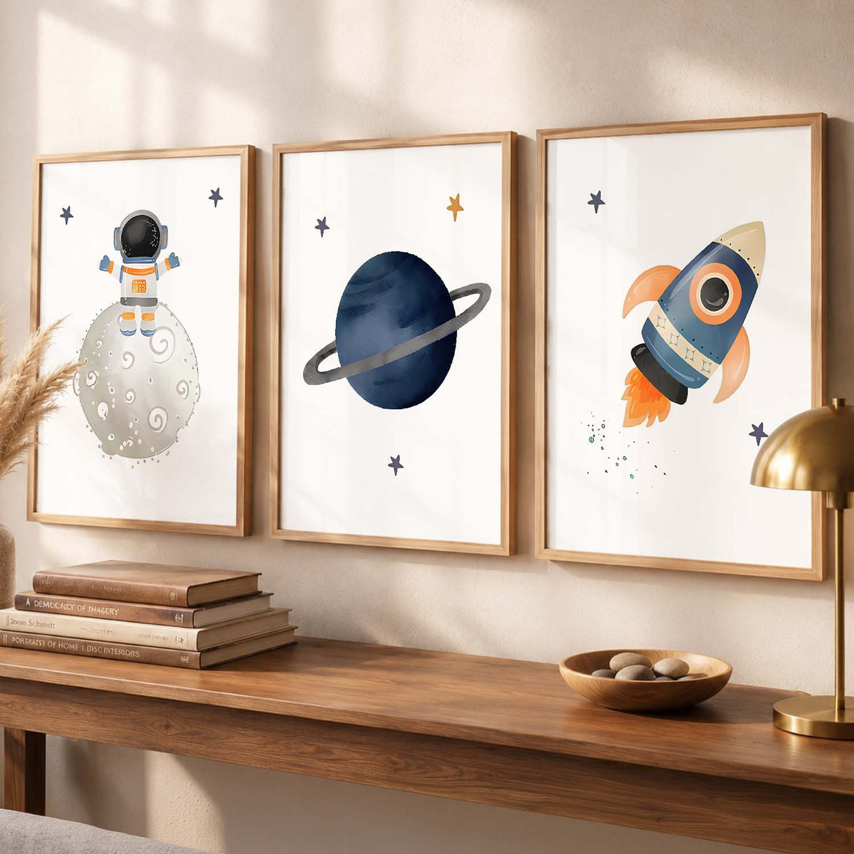 Retro Space Astronaut Planet Rocket Wall Art Paintings for Living Room Bedroom