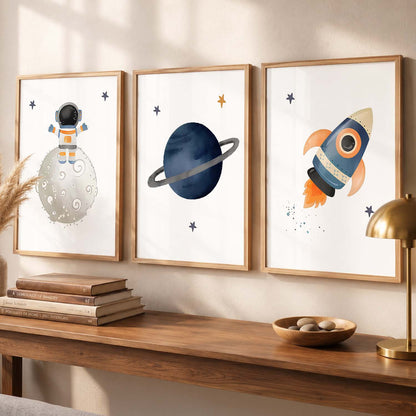 Retro Space Astronaut Planet Rocket Wall Art Paintings for Living Room Bedroom
