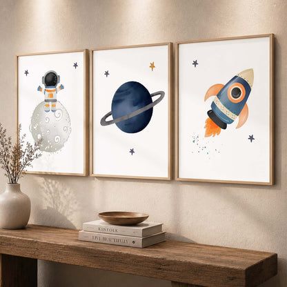Retro Space Astronaut Planet Rocket Wall Art Paintings for Living Room Bedroom
