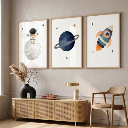 Retro Space Astronaut Planet Rocket Wall Art Paintings for Living Room Bedroom