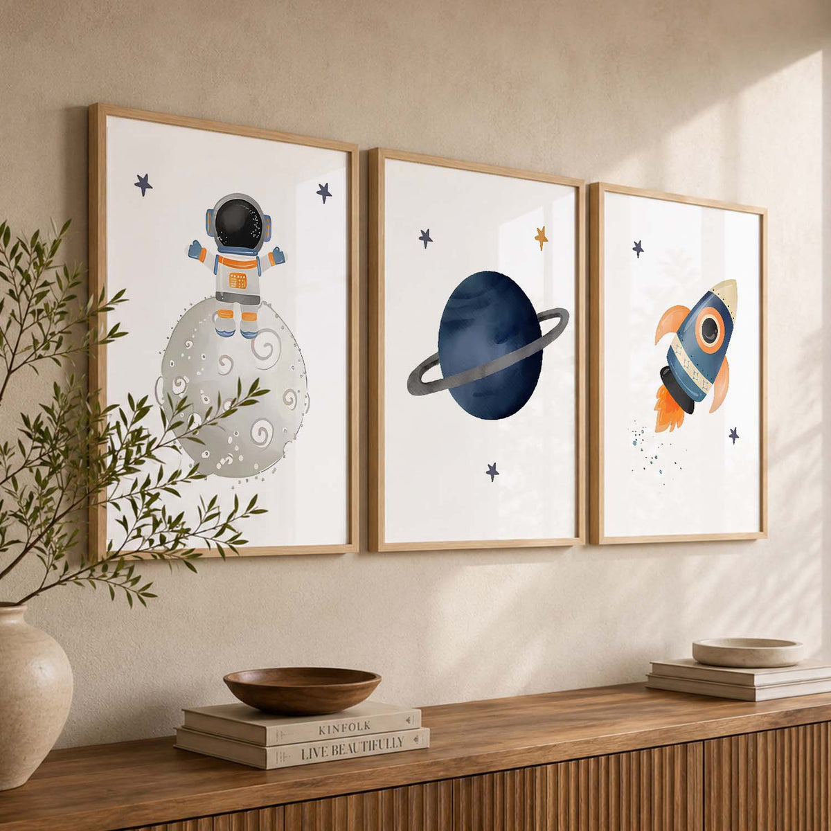 Retro Space Astronaut Planet Rocket Wall Art Paintings for Living Room Bedroom