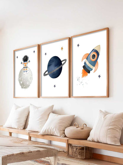 Retro Space Astronaut Planet Rocket Wall Art Paintings for Living Room Bedroom
