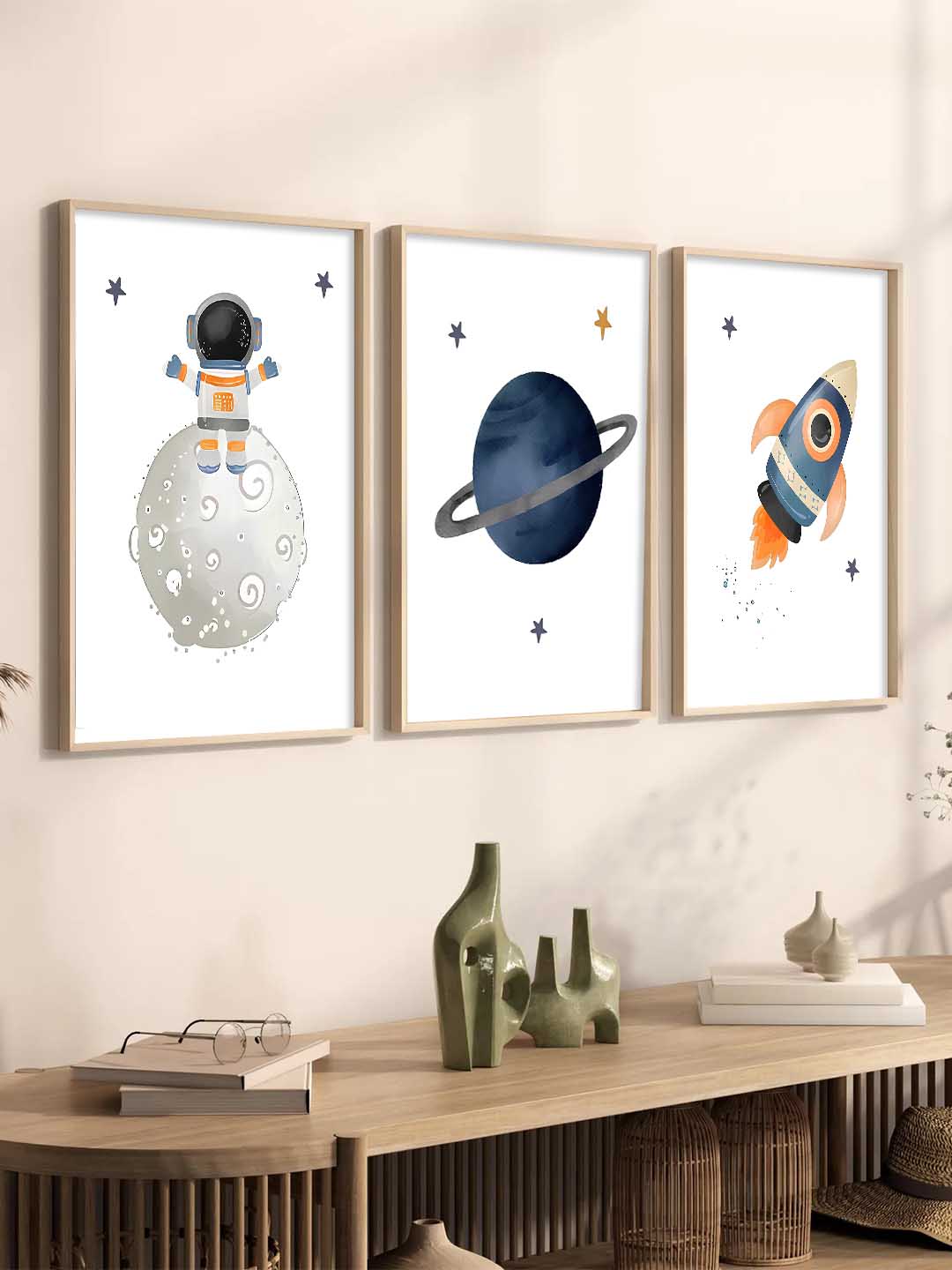 Retro Space Astronaut Planet Rocket Wall Art Paintings for Living Room Bedroom