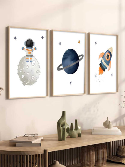 Retro Space Astronaut Planet Rocket Wall Art Paintings for Living Room Bedroom
