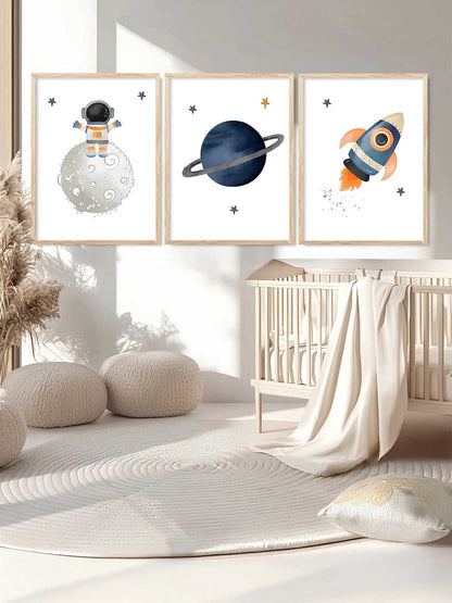Retro Space Astronaut Planet Rocket Wall Art Paintings for Living Room Bedroom