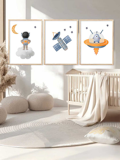 Retro Space Astronaut Satellite Rocket Wall Art Paintings for Living Room Bedroom