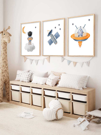 Retro Space Astronaut Satellite Rocket Wall Art Paintings for Living Room Bedroom