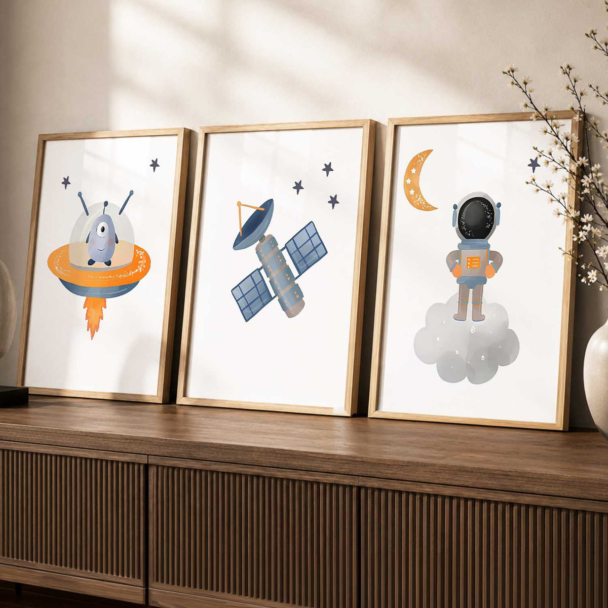 Retro Space Astronaut Satellite Rocket Wall Art Paintings for Living Room Bedroom