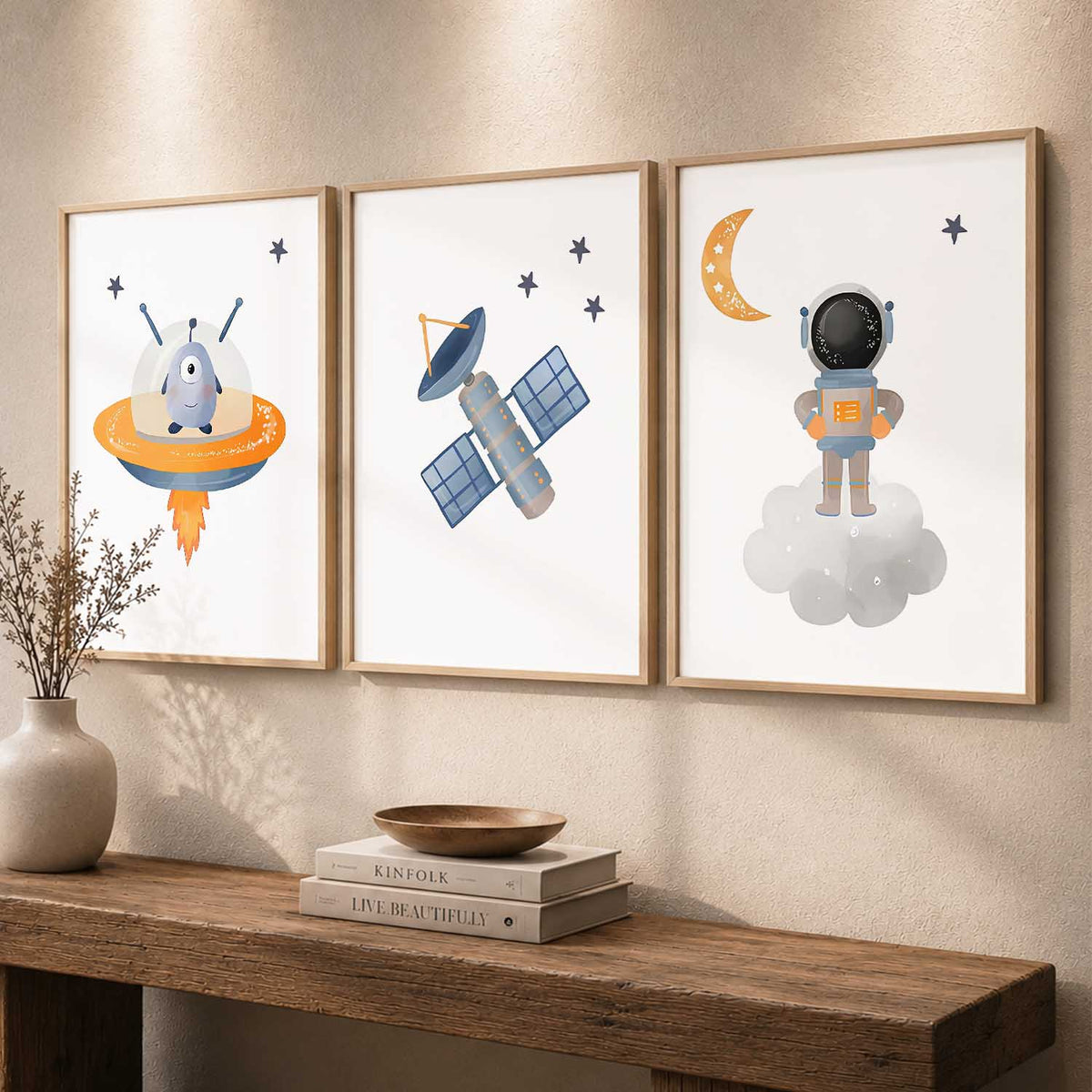 Retro Space Astronaut Satellite Rocket Wall Art Paintings for Living Room Bedroom