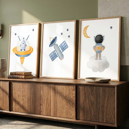 Retro Space Astronaut Satellite Rocket Wall Art Paintings for Living Room Bedroom